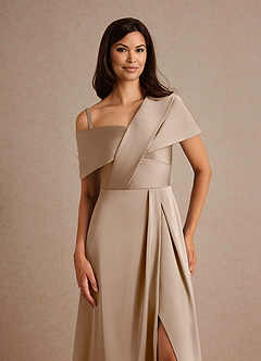 Azazie Milton Mother of the Bride Dresses Taupe A-Line Pleated Stretch Satin Dress image3