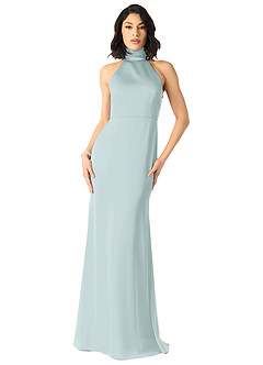 Azazie x Delaney Bridesmaid Dresses Mist Sheath High Neck Stretch Satin Dress image1