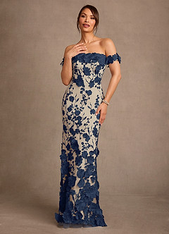 Azazie Lotta Mother of the Bride Dresses Dark Navy Champagne Mermaid Off the Shoulder Lace Dress image1