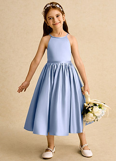 Azazie Indi Flower Girl Dresses Ice A-Line Bow Matte Satin Dress image2