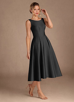 Azazie Fulton At-home Try On Dresses Black A-Line Pleated Stretch Satin Dress image2