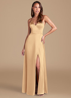 Azazie Maksim Bridesmaid Dresses Gold A-Line Metallic Satin Dress image1