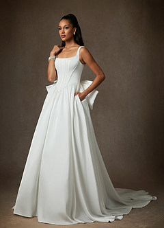 Azazie Cyanne Wedding Dresses Diamond White Ball-Gown with Pockets Stretch Satin Dress image3