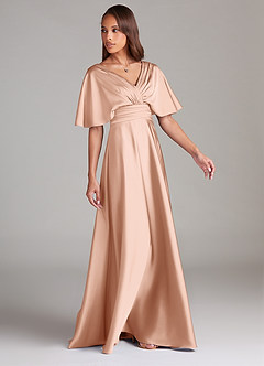 Azazie Pamela Bridesmaid Dresses Rose Gold A-Line Pleated Stretch Satin Dress image3