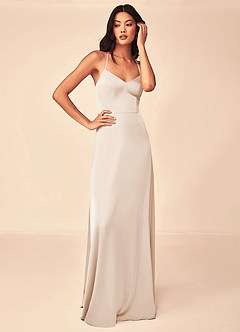 Azazie Mei Vestidos de damas de honor Vestido de Alabastro Blanco de Satén Elástico de Corte en A con Cuello en V image5