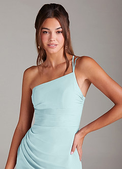 Azazie Eren Vestidos de damas de honor Vestido de Vidrio Marino de Gasa de Corte Recto con Hombro unilateral image6