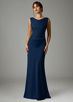 Azazie Kieryn Bridesmaid Dresses Dark Navy Mermaid Pleated Stretch Satin Dress image1