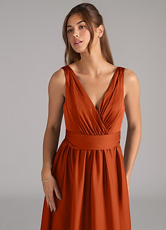 Azazie Kora Bridesmaid Dresses Burnt Orange A-Line Pleated Stretch Satin Dress image7
