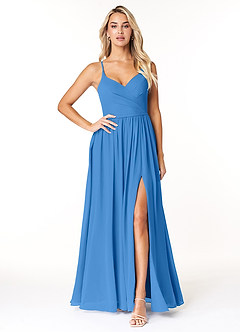Azazie Dominic Robes de demoiselle d'honneur Robe Trapèze en Mousseline de soie Col V plissé Geai Bleu image1
