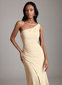 Azazie Madelyn Vestidos de damas de honor Vestido de Champán de Gasa de Corte Sirena Convertible con Hombro unilateral image8