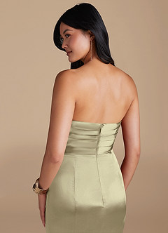 Azazie Yola Bridesmaid Dresses Moss Green Sheath Pleated Metallic Satin Dress image3