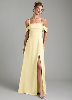 Azazie Mercedes At-home Try On Dresses Lemon Sorbet A-Line Off the Shoulder Chiffon Dress image1