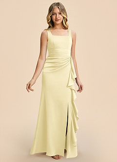 Azazie Adrienne Junior Lemon Sorbet Sheath Pleated Stretch Satin Dress image6