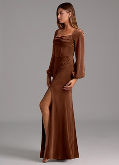 Azazie Charissa Bridesmaid Dresses Umber Sheath Long Sleeve Velvet Dress image4