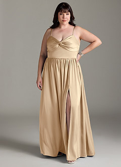 Azazie Zeya Bridesmaid Dresses Champagne A-Line Pleated Stretch Satin Dress image9