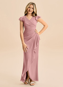 Azazie Julie Junior Vestido de Rosa Polvorienta de Gasa de Corte Sirena con Volante image1