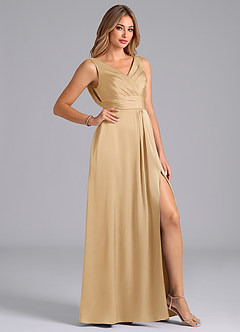 Azazie Karina Bridesmaid Dresses Gold A-Line Pleated Stretch Satin Dress image5