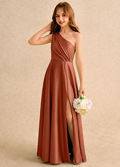 Azazie Puddles Girls Formal Flower Girl Dresses Cedar Rose A-Line One Shoulder Stretch Satin Dress image3