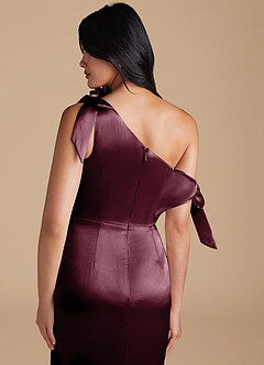 Azazie Xyla Bridesmaid Dresses Cabernet Sheath Off the Shoulder Metallic Satin Convertible Dress image4