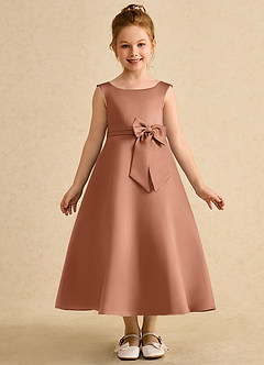 Azazie Eve Abiti da Ragazza di Fiori Abito A-Line in Raso Opaco Plissettato Bronzo image4