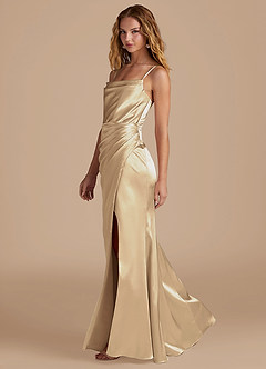 Azazie Marzia Bridesmaid Dresses Champagne Mermaid Pleated Metallic Satin Dress image2