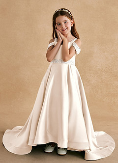 Azazie Jodi vestidos de niña de las flores Vestido de Alabastro Blanco de Satin Mate de Corte En A image5