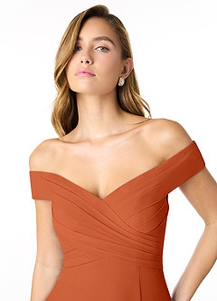 Azazie Lecia Vestidos de damas de honor Vestido de Naranja Quemada de Gasa de Imperio Convertible con Plisado fuera del hombro image4