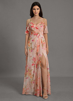 Azazie Dakota Bridesmaid Dresses Abstract Bouquet Floral A-Line V-Neck Pleated Chiffon Dress image1
