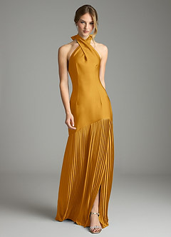 Azazie Nayeli Jurken voor bruidsmeisjes Jurk van Stretch Satijn met A-Lijn Geplooid Boterbabbelaar image1