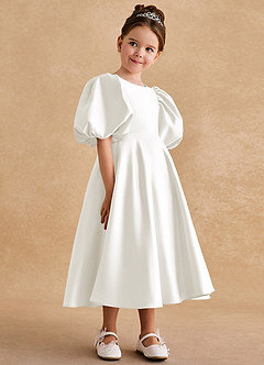 Azazie Sugarplum Robe Demoiselle D'honneur Fillette Robe Trapèze en Mat Satiné avec manches Ivoire image6