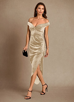 Azazie Nabila Mother of the Bride Dresses Champagne Column Off the Shoulder Velvet Dress image2