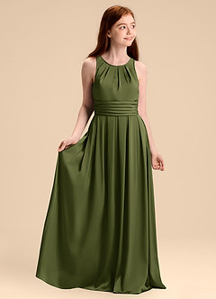 Azazie Bibiane Junior Olive A-Line Pleated Stretch Satin Dress image1