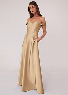 Barbie ♥ Azazie Bridesmaid Dresses Champagne A-Line Off the Shoulder Stretch Satin Convertible Dress image4