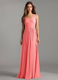 Azazie Keyla Bridesmaid Dresses Coral A-Line Pleated Mesh Dress image3