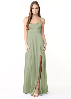 Azazie Halsey Bridesmaid Dresses Dusty Sage Sheath Side Slit Stretch Satin Dress image1
