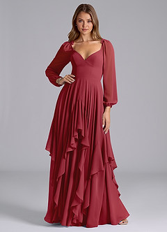 Azazie Karan Bridesmaid Dresses Pomegranate A-Line Long Sleeve Chiffon Dress image3