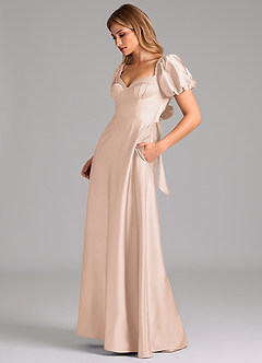 Azazie Fatima Bridesmaid Dresses Blushing Pink A-Line Pleated Stretch Satin Dress image5