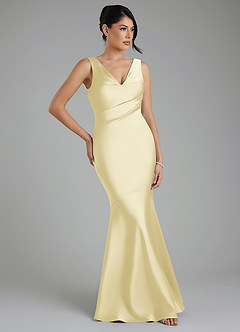 Azazie Monica At-home Try On Dresses Lemon Sorbet Mermaid Pleated Stretch Satin Dress image6