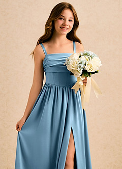 Azazie Maisie Girls Formal Robe Demoiselle D'honneur Fillette Robe Trapèze en Satin extensible Rayé Acier Bleuté image5