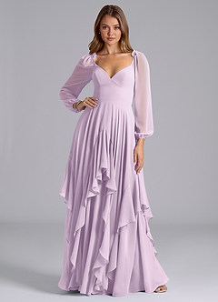 Azazie Karan Bridesmaid Dresses Frosted Lilac A-Line Long Sleeve Chiffon Dress image3