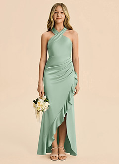 Azazie Thea Junior Agave Sheath Ruched Stretch Satin Dress image3