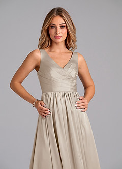 Azazie Keyla Bridesmaid Dresses Frost A-Line Pleated Stretch Satin Dress image3