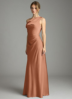 Azazie Emerson Bridesmaid Dresses Bronzer Mermaid Off the Shoulder Stretch Satin Dress image2