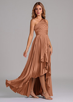 Azazie Lyrica Robes de demoiselle d'honneur Robe Trapèze en Satin extensible Ue épaule Bronze image2