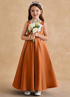 Azazie Honey Bear Flower Girl Dresses Copper A-Line Pleated Matte Satin Dress image3