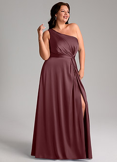Azazie Brooke Bridesmaid Dresses Sangria A-Line One Shoulder Stretch Satin Dress image11