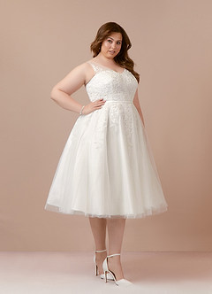 Azazie Dolores Wedding Dresses A-Line V-Neck lace Satin Tea-Length Dress image9