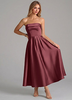 Azazie Lucienne 신부 들러리 드레스 A라인 주름진 스트레치 새틴 발목 길이 드레스 image5