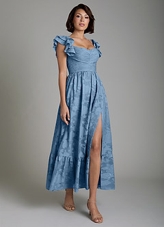 Azazie Anaya Bridesmaid Dresses Steel Blue A-Line Ruched Floral Burnout Dress image4