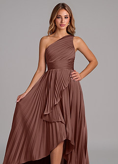 Azazie Lyrica Bridesmaid Dresses Espresso A-Line One Shoulder Stretch Satin Dress image4